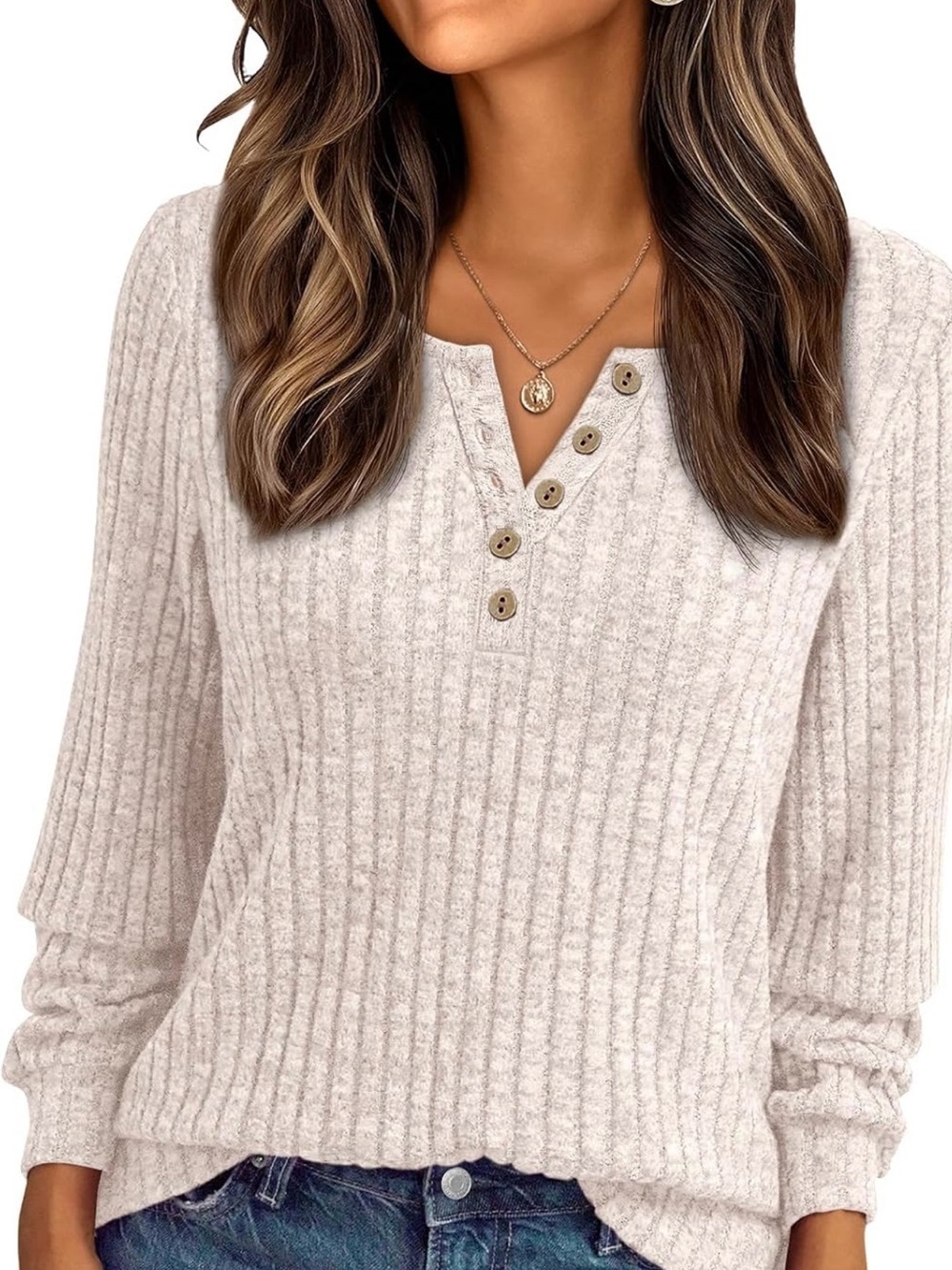 Ribbed Henley Button-Front Top - Cream